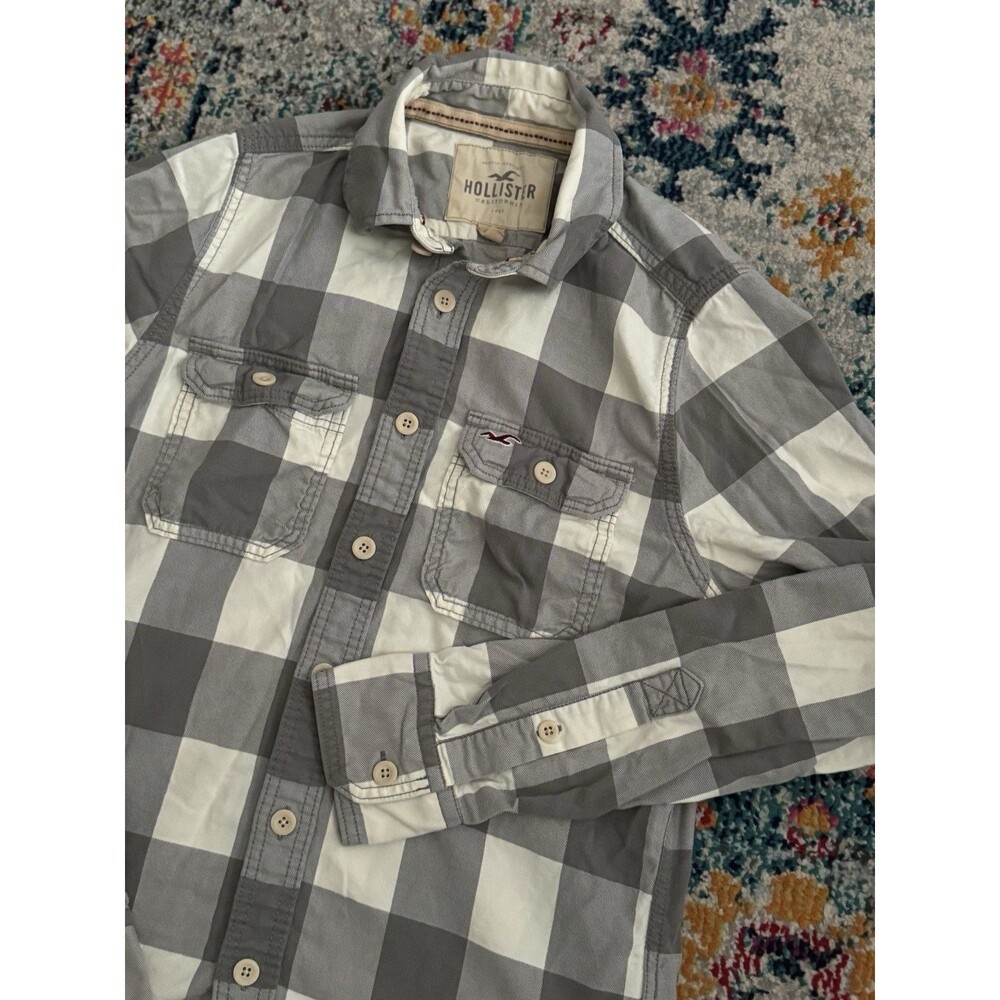 Vintage Y2k Hollister Gray Cotton Button Down Flannel Shirt Size Medium